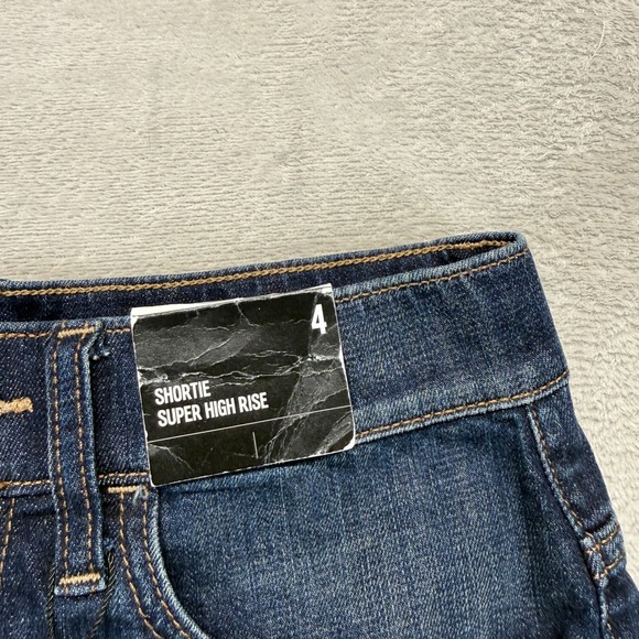 Express Shorts Women's 4 Shortie Super High Rise Blue Distressed Raw Hem Denim - Picture 3 of 11